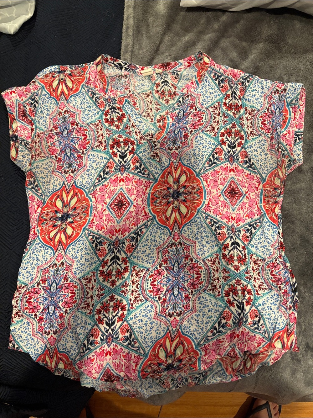 GAP Multicolor Medallion Print Short-Sleeve Blouse - Pink, Blue, Coral